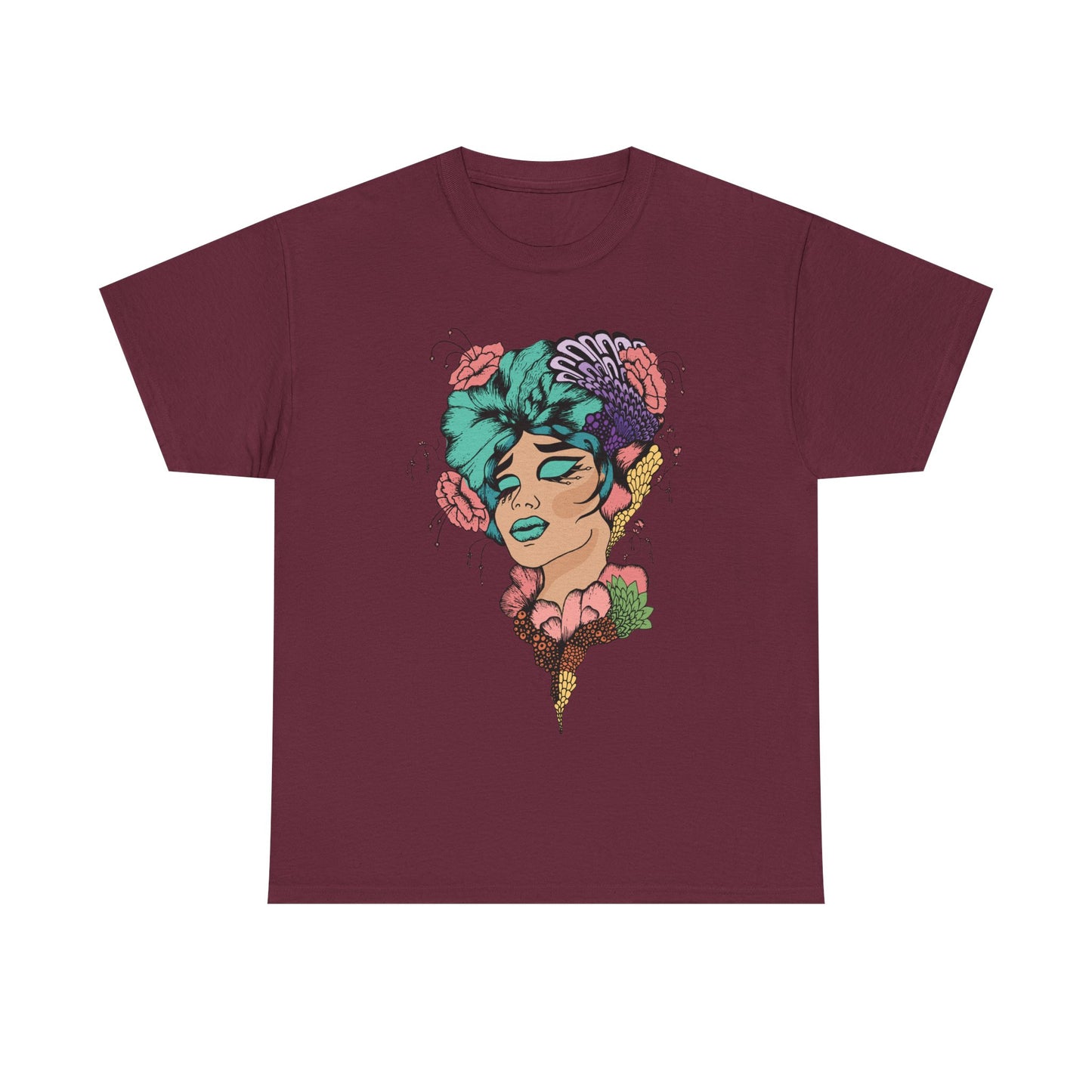 Surreal Floral Portrait Tee — Retro Psychedelic Woman Graphic T-Shirt