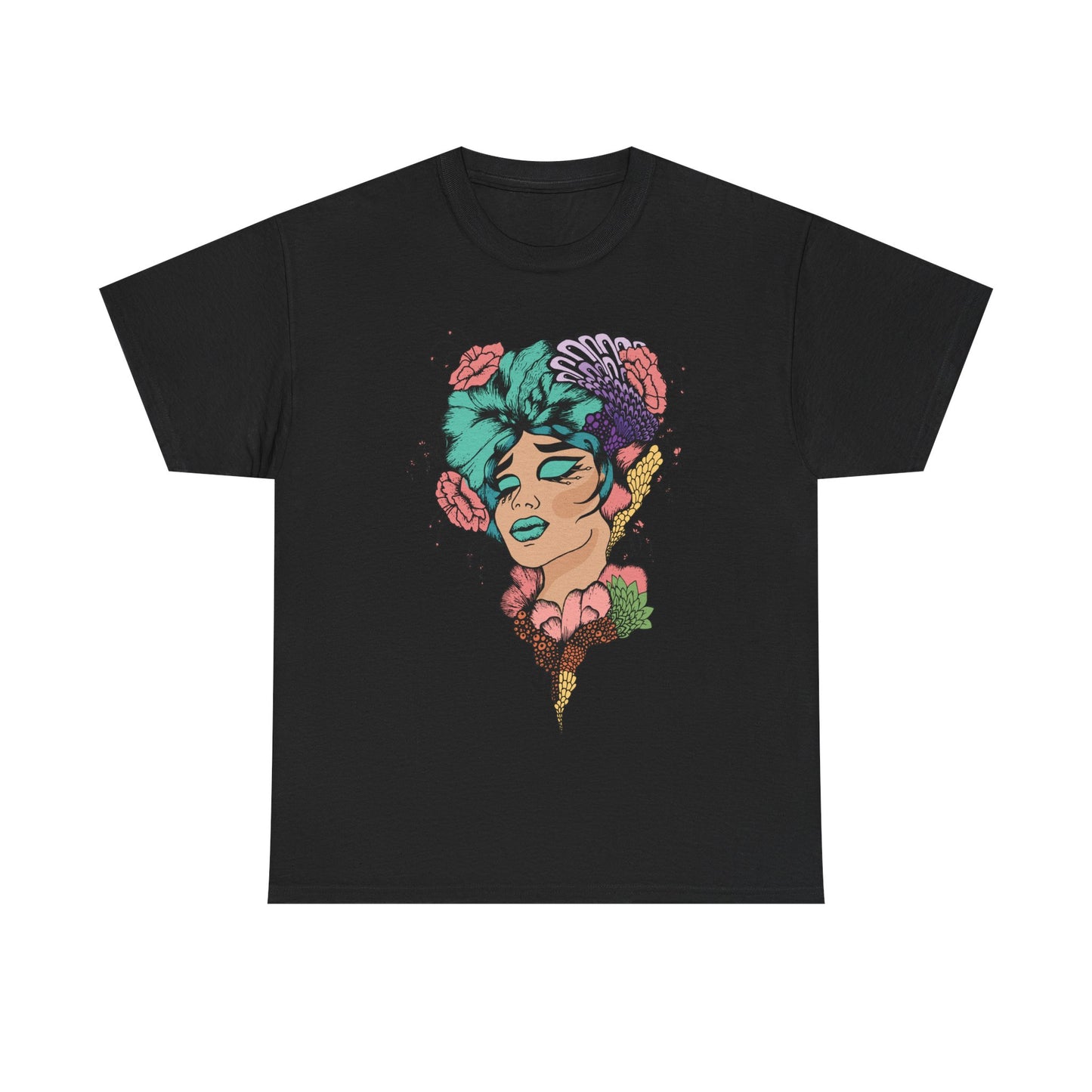 Surreal Floral Portrait Tee — Retro Psychedelic Woman Graphic T-Shirt