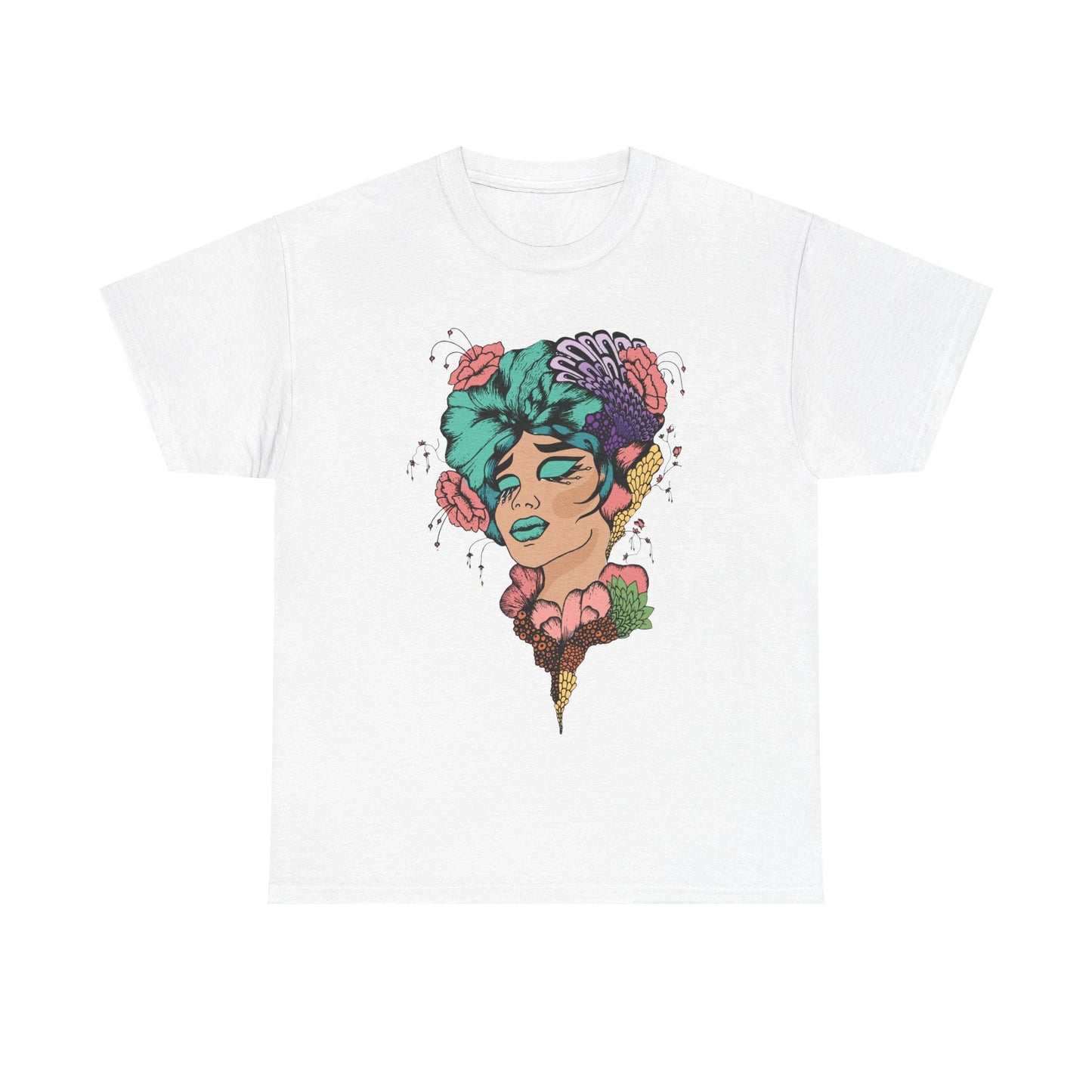 Surreal Floral Portrait Tee — Retro Psychedelic Woman Graphic T-Shirt