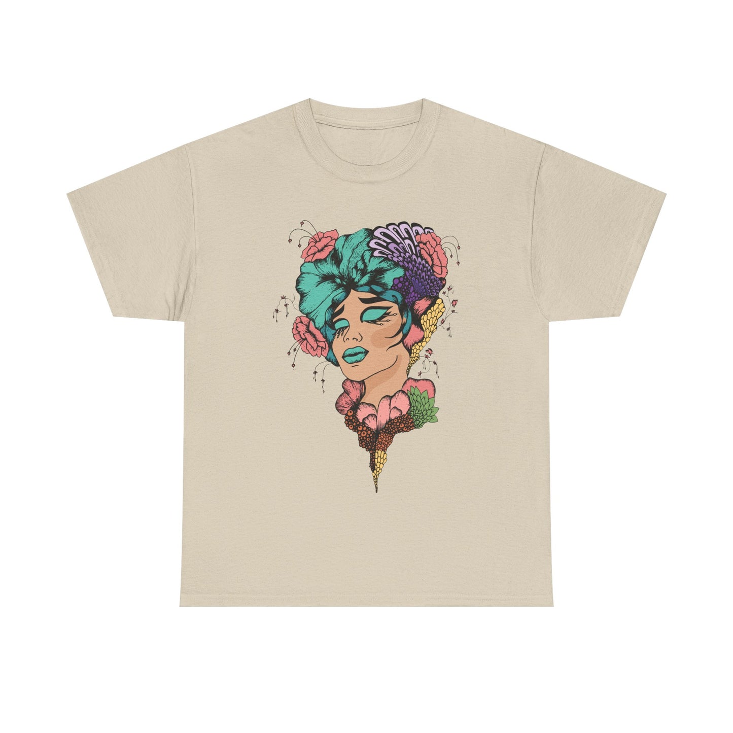 Surreal Floral Portrait Tee — Retro Psychedelic Woman Graphic T-Shirt