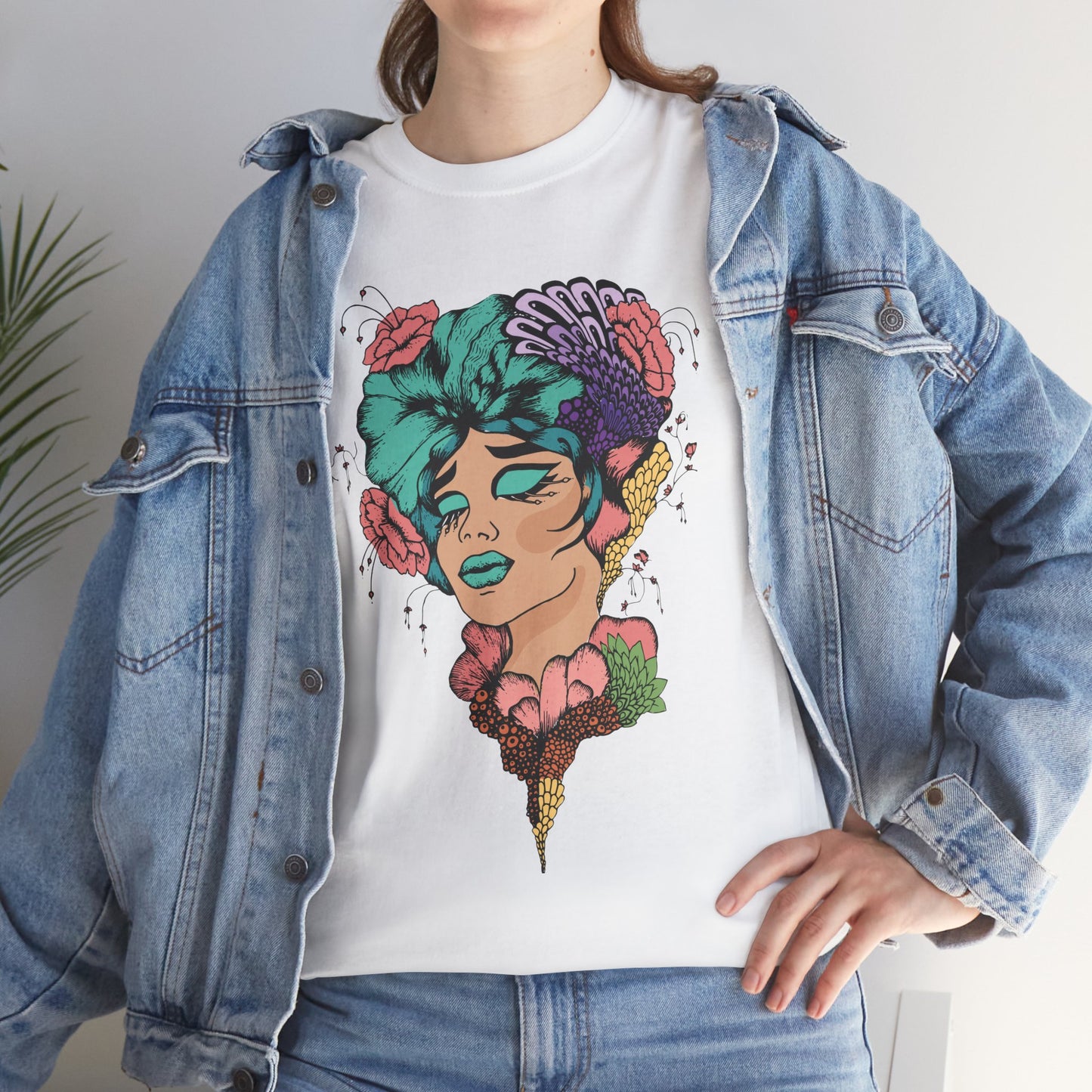 Surreal Floral Portrait Tee — Retro Psychedelic Woman Graphic T-Shirt