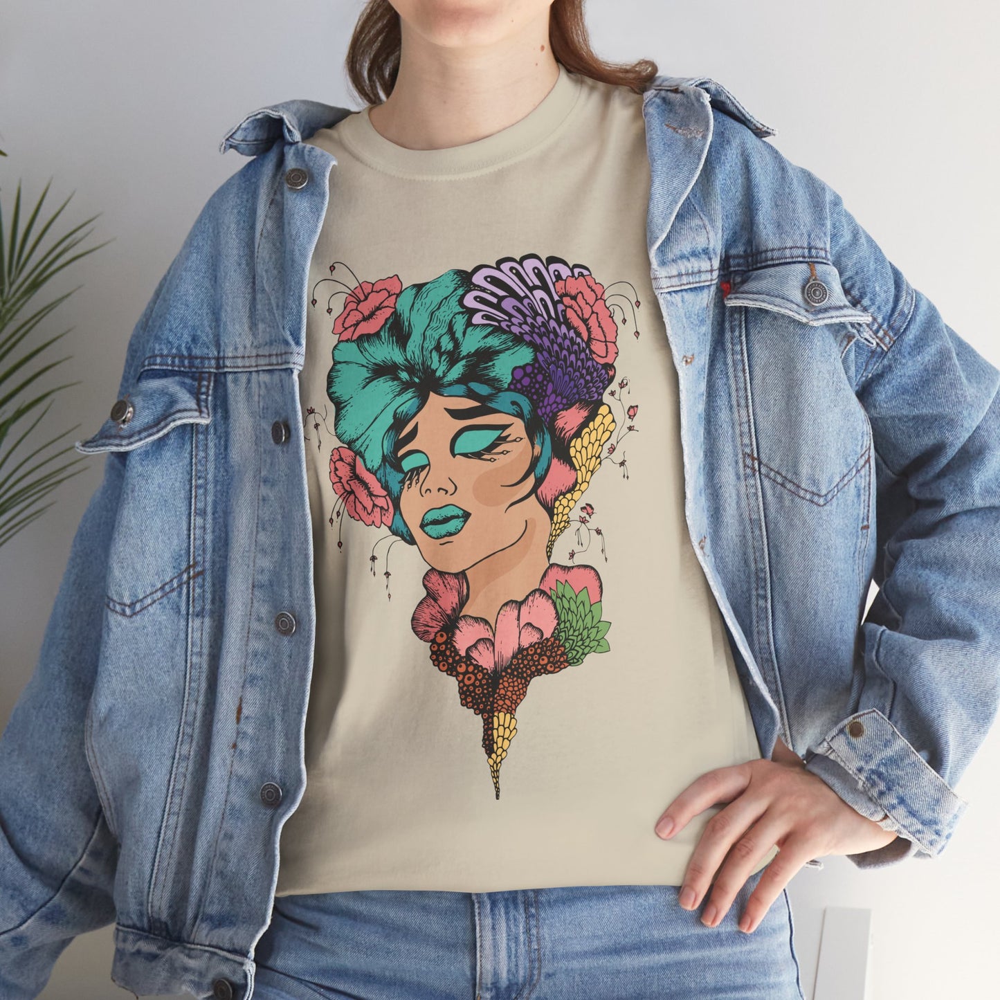 Surreal Floral Portrait Tee — Retro Psychedelic Woman Graphic T-Shirt