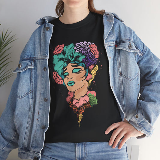 Surreal Floral Portrait Tee — Retro Psychedelic Woman Graphic T-Shirt