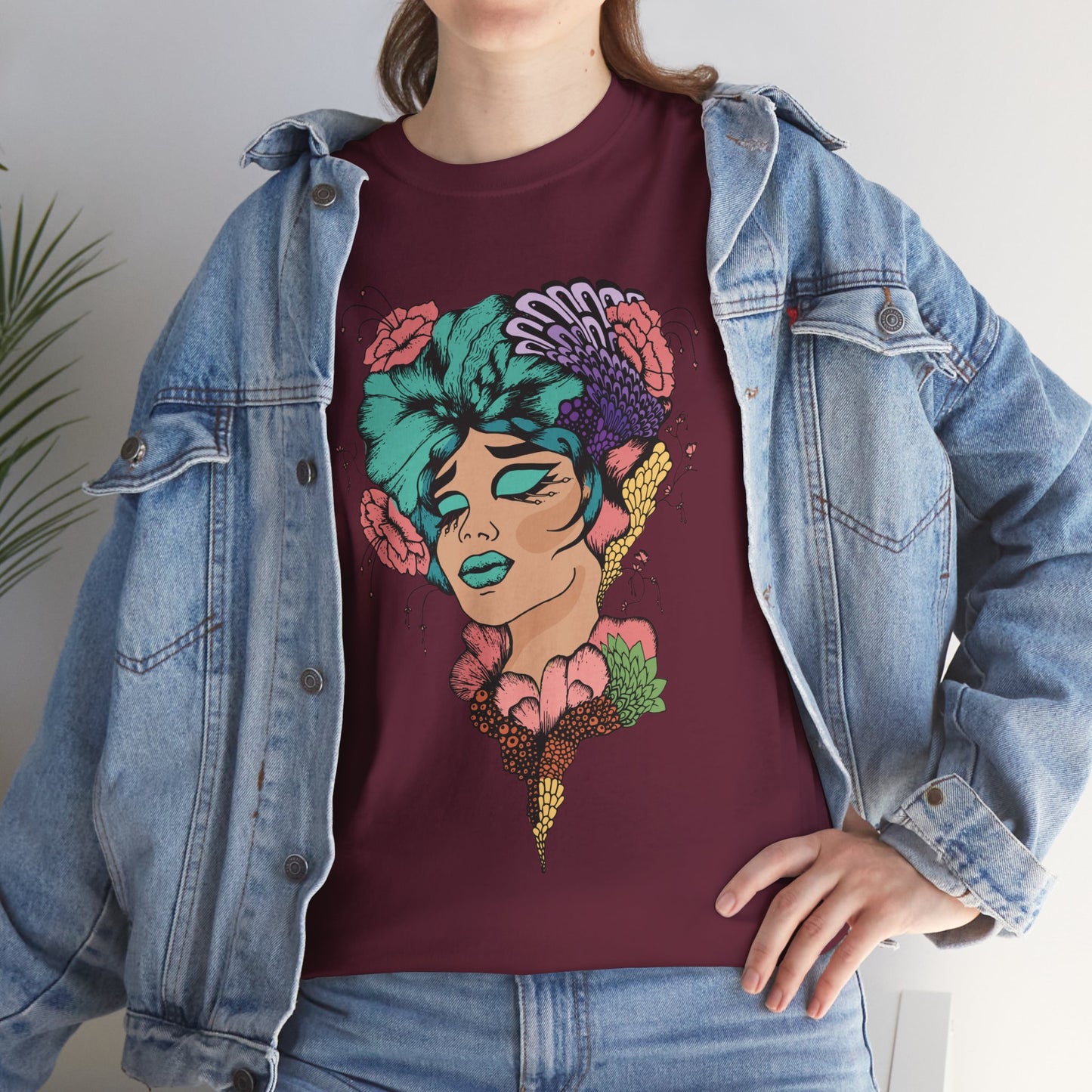 Surreal Floral Portrait Tee — Retro Psychedelic Woman Graphic T-Shirt
