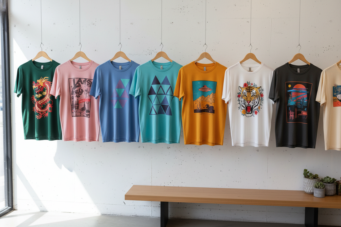 T shirts hanging on wall different desings